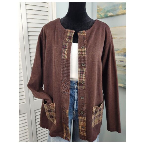 Vtg Bechamel Cardigan 100% Cotton Sweater Brown Plaid Animal Print Trim Button M - Picture 1 of 8